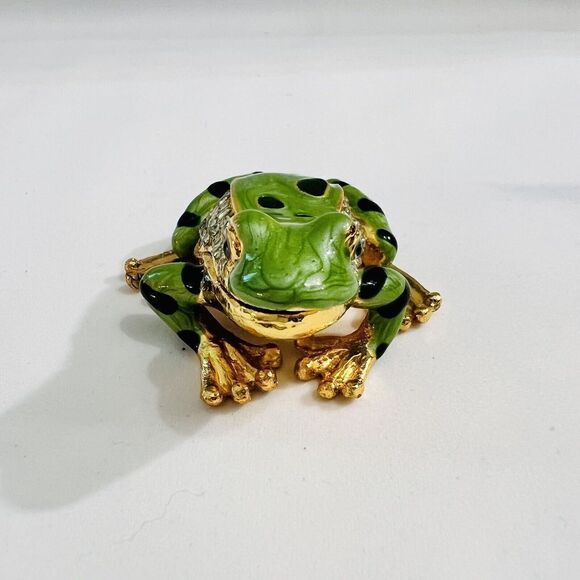 Jeweled Keepsake Enamel Green Frog Hinged Trinket Box Metalic Paperweight - Picture 5 of 10